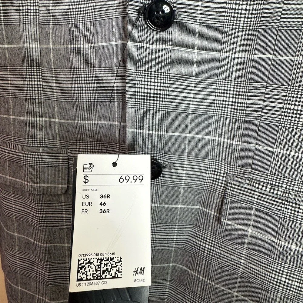 NWT H&M Men's Gray Windowpane Plaid Blazer Sport Coat Skinny Fit Size 36R